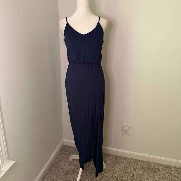 Lulu's Watch the Sunset navy blue sleeveless v-neck midi side slit dress size S - Picture 2 of 7